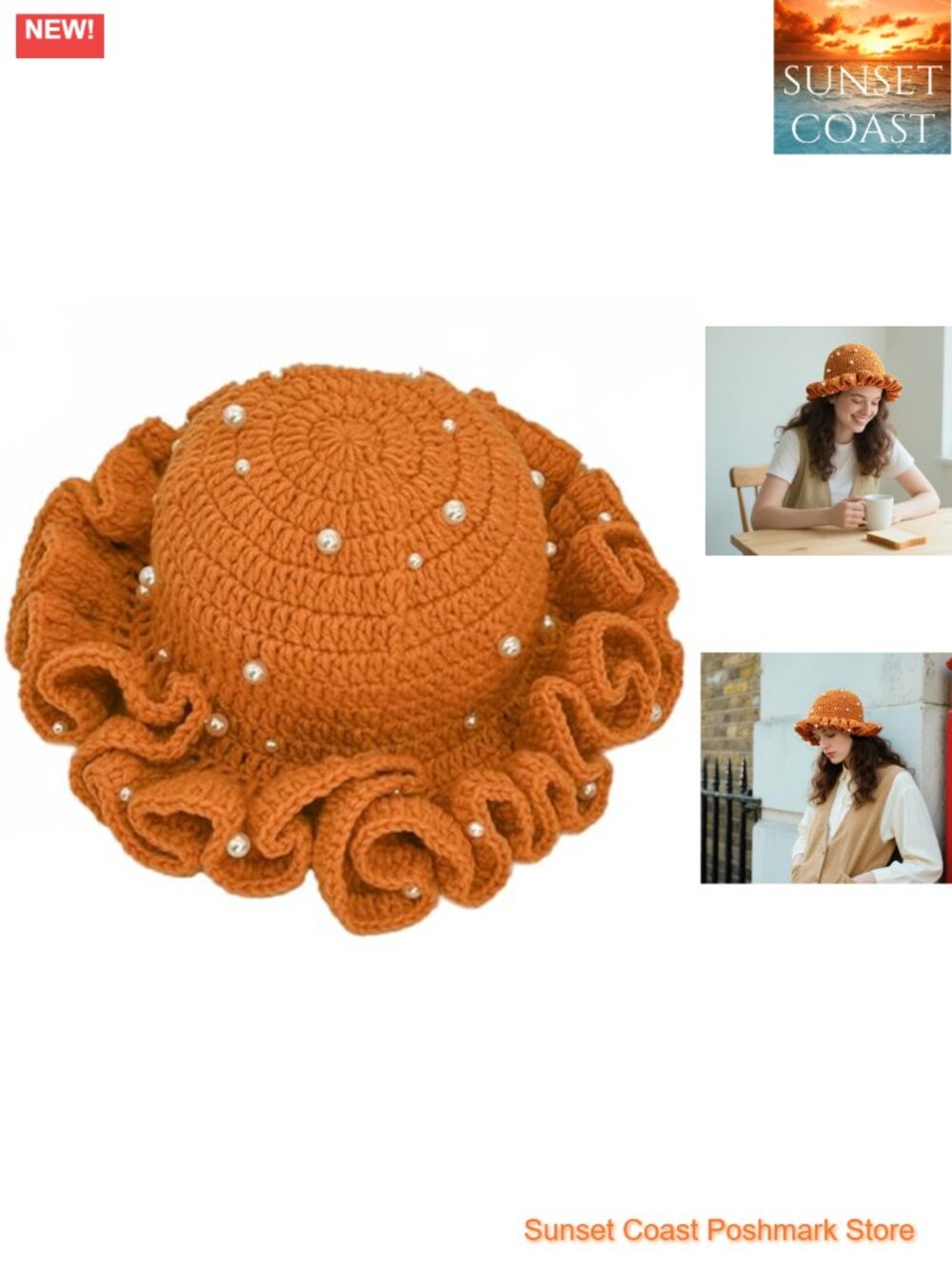 Crochet Bucket Hat 100% Acrylic Handmade Pearl Beaded Ruffle Boho Sun Hat Women
